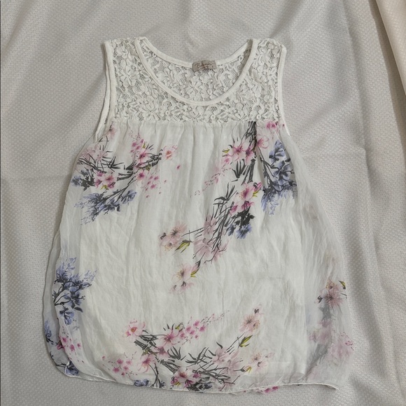 Bellambia Tops - Bellambia Made in Italy Silk Floral Lace Sleeveless Top - White and Pink - Small